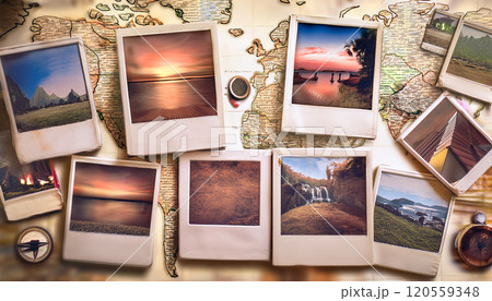 A collage of Polaroid photos showcasing diverse landscapes on a map background 120559348