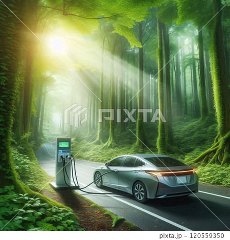 Mystical forest with electric car charging, sunlight piercing through trees 120559350
