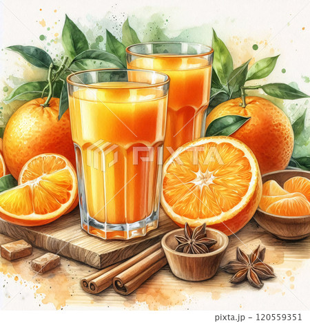 Vibrant orange juice illustration with fresh oranges and full glasses 120559351