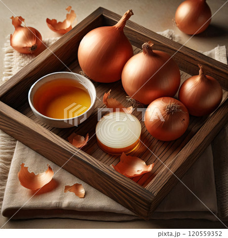 Warm still life of onions, tea, and wooden spoon on a textured cloth 120559352