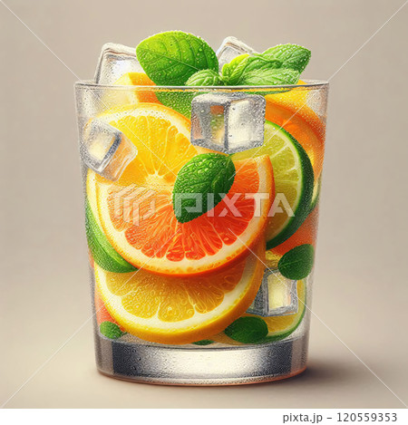 A refreshing cocktail filled with citrus slices and ice 120559353