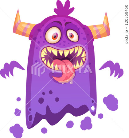 Funny purple cartoon monster sticking its tongue out, showing sharp teeth and open mouth, with orange and yellow horns and purple spots, ideal for halloween projects 120559450