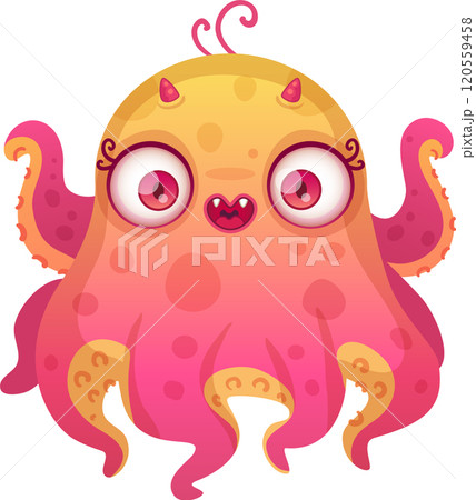 Cartoon octopus character smiling, showing big eyes, small horns, pink and yellow colors, ideal for children s illustrations, fantasy stories, games, and other creative projects 120559458