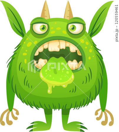 Funny cartoon green monster sticking out its tongue with saliva dripping, featuring horns, claws, and green fur, ideal for children s illustrations, halloween designs, or fantasy projects 120559461
