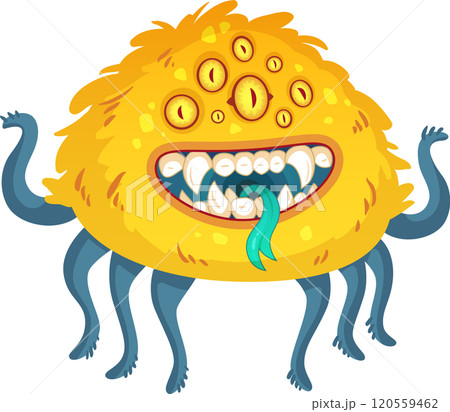 Funny hairy cartoon monster with multiple eyes, sharp teeth and long tongue sticking out, standing on spider legs, isolated on white background 120559462