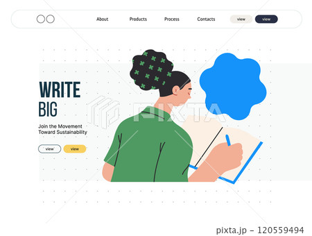 Writing people, modern flat vector concept illustration- sitting woman thoughtfully writing on notebook, bubble near head Metaphor for reflection, personal insight, contemplation, creative expression 120559494