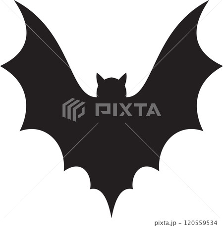 Stylized vector illustration of a black bat silhouette flying with its wings wide open, creating a spooky and mysterious atmosphere perfect for halloween projects 120559534