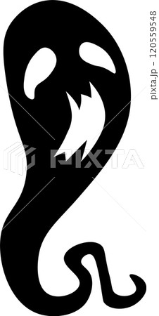 Spooky black ghost silhouette with a sinister grin floats mysteriously, perfect for halloween decorations and designs. Ideal for parties and costumes, adding horror and mystery to your projects 120559548