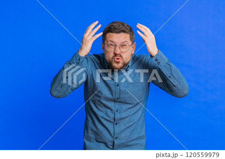 Sad young man loses becoming surprised by lottery results bad fortune loss unlucky fortune news 120559979