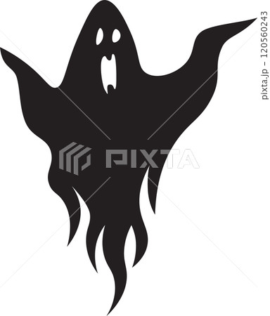 Black silhouette of a spooky ghost floating with open mouth, waving arms, and a flaming bottom against a white background creates a chilling halloween vibe Black silhouette of a spooky ghost floating with open mouth, waving arms, and a flaming bottom against a white background creates a chilling halloween vibe 120560243