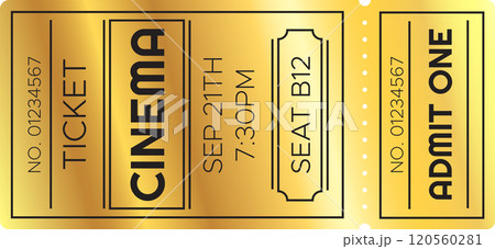 Golden cinema ticket for seat b12 admitting one person to the movie theater on september 21th at 7,30 pm, offering access to entertainment and cinematic experience 120560281