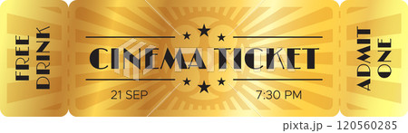 Golden cinema ticket for a movie night, including a free drink, scheduled for september 21st at 7,30 pm, featuring a vintage design with stars and radial rays Golden cinema ticket for a movie night, including a free drink, scheduled for september 21st at 7,30 pm, featuring a vintage design with stars and radial rays 120560285