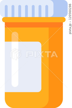 Orange plastic medicine bottle with blank white label and childproof cap for safe storage and accurate dosage 120560286