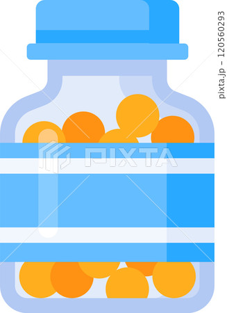 Orange vitamin pills are stored in a transparent glass jar with a blue label and cap, symbolizing a commitment to health and well being 120560293