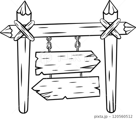 Wooden signpost with hanging signs and pencil shaped posts tied with rope, creating a rustic and whimsical design, perfect for adding a touch of charm to any project Wooden signpost with hanging signs and pencil shaped posts tied with rope, creating a rustic and whimsical design, perfect for adding a touch of charm to any project 120560512