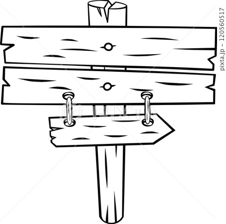 Empty wooden signpost with three planks and a hanging arrow sign pointing right, offering space for custom messages and directions Empty wooden signpost with three planks and a hanging arrow sign pointing right, offering space for custom messages and directions 120560517