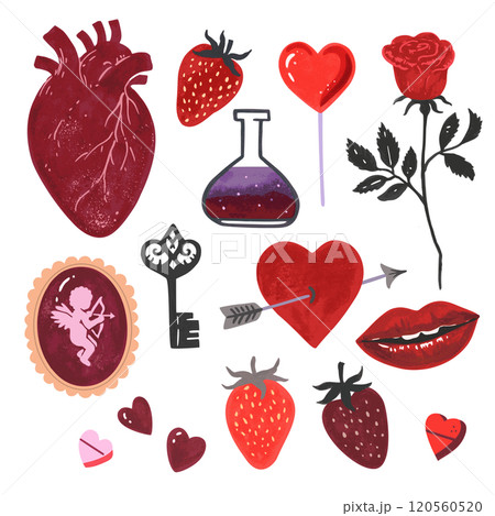 Set of Valentine elements in gothic victorian style. Hand-drawn textured vector illustration 120560520