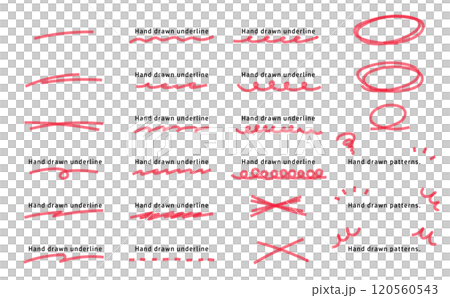 一組用螢光筆和記號筆繪製的底線裝飾。手繪套裝。 一組用螢光筆和記號筆繪製的底線裝飾。手繪套裝。 120560543
