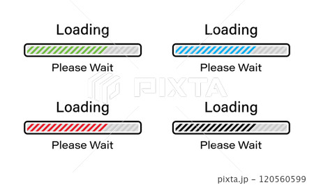 Rectangular Bar loading with tilted lines please wait symbol icon set in four different colors- Green, Blue, Red and Black. Loading 70 percent please wait progress bar infographics for light mode. 120560599