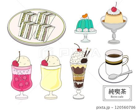 純喫茶のfoodセット　線画の手描きのイラスト 120560786