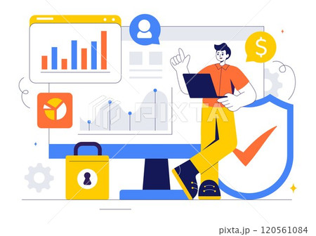 Cyber Threat Analysis Vector Illustration featuring Vulnerability Management and Information Control for Protection and Safety Technology 120561084
