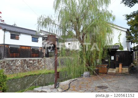 八幡山城の八幡堀と民家の町並み（近江八幡の水郷） 120561152