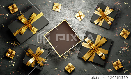 Black gift boxes with golden ribbons on dark background celebrating christmas Black gift boxes with golden ribbons on dark background celebrating christmas 120561559