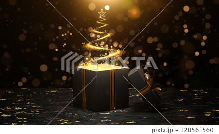 Christmas tree with star appearing from open gift box with gold ribbon Christmas tree with star appearing from open gift box with gold ribbon 120561560