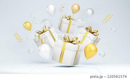 White gift boxes with gold ribbons floating among balloons and confetti on light blue background White gift boxes with gold ribbons floating among balloons and confetti on light blue background 120561574