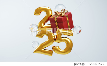 Golden balloons form the number 2025 with christmas gift and bubbles floating in the air Golden balloons form the number 2025 with christmas gift and bubbles floating in the air 120561577