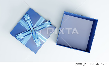 Open blue christmas gift box with light blue ribbon on white background 120561578