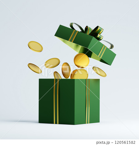 Green christmas gift box revealing golden coins on white background Green christmas gift box revealing golden coins on white background 120561582