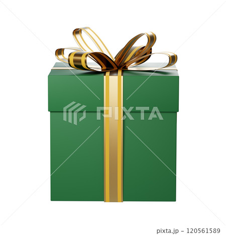 Green christmas gift box with golden ribbon and bow on white background 120561589