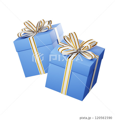 Two light blue christmas gift boxes with gold and white ribbons floating on white background 120561590