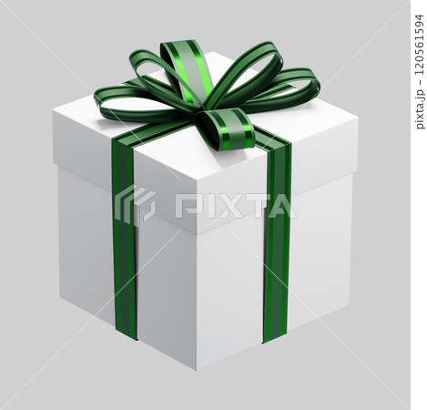 White gift box with green ribbon celebrating christmas festivities White gift box with green ribbon celebrating christmas festivities 120561594