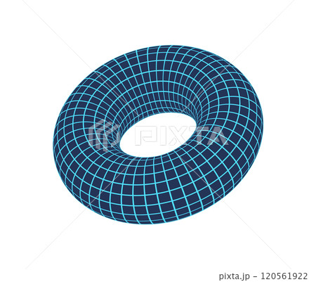 90s brutal 3d grid torus, cyber tech trendy wire frame form illustration, futuristic neon mesh element graphic, brutal art geometry net pattern structure symbol. 120561922
