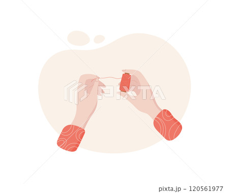Hands hold bobbin, cartoon tailor supplies element, flat fashion decoration object, doodle dressmaking tool design, vector embroidery accessories illustration, Hands hold bobbin, cartoon tailor supplies element, flat fashion decoration object, doodle dressmaking tool design, vector embroidery accessories illustration, 120561977