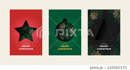 Set of Merry Christmas greeting card. Trendy minimalist design with Star, Christmas Ball and Christmas Tree. Paper art Vector Illustration. Template for poster, banner, holiday cover. 120562535