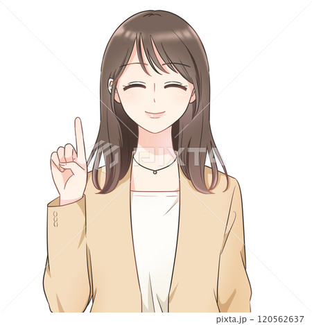 オフィスカジュアルスタイルの女性 指さし にっこり笑顔 オフィスカジュアルスタイルの女性 指さし にっこり笑顔 120562637