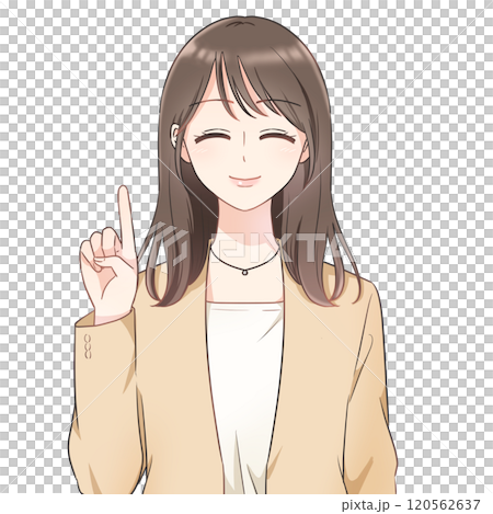 オフィスカジュアルスタイルの女性 指さし にっこり笑顔 オフィスカジュアルスタイルの女性 指さし にっこり笑顔 120562637