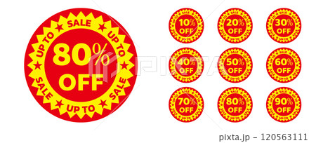 Sale tags set vector badges template, up to 10, 20, 30, 40, 50, 60, 70, 80, 90 percent off, vector illustration isolated on white background. Price off tag icon flat design collection set. Up to 120563111