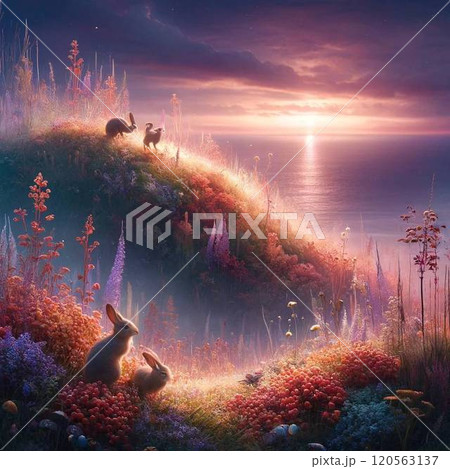 幻想的な海辺の周りで小動物が遊んでいる癒しの風景 幻想的な海辺の周りで小動物が遊んでいる癒しの風景 120563137