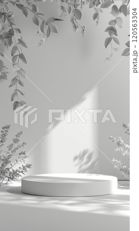 White podium stage display product banding rounded base and leaf story background 120563304