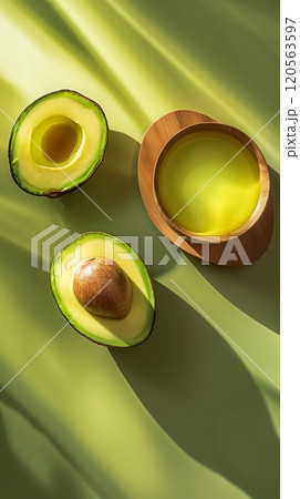 Avocado oil fruit extract for skincare ingredient and cooking healthy food flat lay story background 120563597