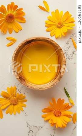 Calendula oil flower extract for skincare natural organic ingredient story background 120563598