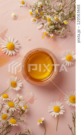 Chamomile oil extract flower on wooden bowl for natural skincare ingedient story background 120563608