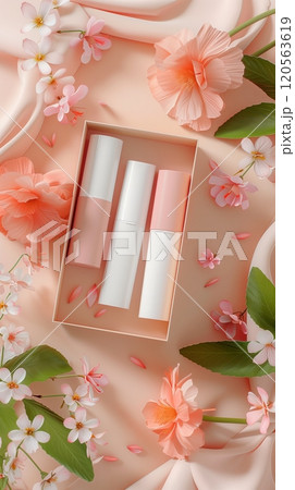 Lip balm gloss cosmetics gift box for special moment story flower background 120563619