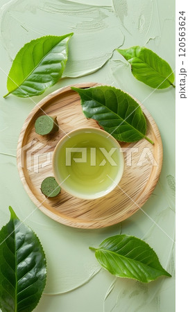 Green tea leaf extract water natural ingredient for skincare aesthetic on wooden palte 120563624