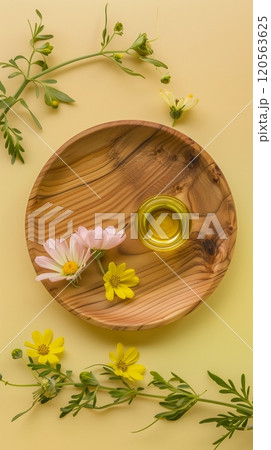 Jojoba oil extract natural organic ingredient on wooden plate 120563625