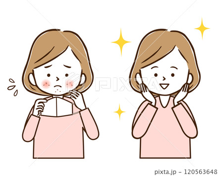 マスク肌荒れビフォーから、きれいな肌になったアフターの女性 マスク肌荒れビフォーから、きれいな肌になったアフターの女性 120563648